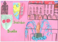 Powiększ zdjęcie: Emilia B. zdjęcie przedstawia rysunek herbów Bielska i Białej na różowym tle.