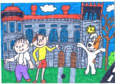 Powiększ zdjęcie: Gerard M. zdjęcie przedstawia rysunek bajkowych postaci Bolka i Lolka oraz Reksia na tle Zamku.