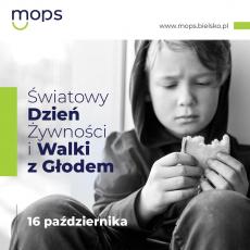 Powiększ zdjęcie: Kilkuletnie dziecko ubrane w bluzę z kapturem trzyma w dłoniach kromkę suchego chleba, po lewej stronie umieszczony jest napis: Światowy Dzień Żywności i Walki z Głodem, 16 października