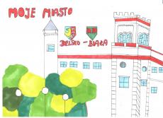 Powiększ zdjęcie: Kinga M.  zdjęcie przedstawia rysunek herbów Bielska i Białej na tle Zamku Sułkowskich.