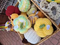 Powiększ zdjęcie: Kolorowe rękodzieło seniorów zaprezentowane na stoisku. Dynie zrobione na szydełku.