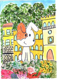 Powiększ zdjęcie: Oliwia W. zdjęcie przedstawia rysunek bajkowego Reksia i tle Zamku.