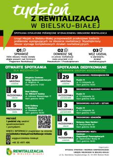 Powiększ zdjęcie: Plakat przedstawiający daty spotkań dotyczących omówienia kwestii rewitalizacji z mieszkańcami Bielska-Białej.