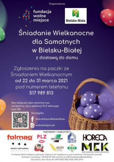 Powiększ zdjęcie: Plakat z informacją na temat terminów przyjmowania zgłoszeń na paczki w ramach akcji Bielskie Śniadanie Wielkanocne dla Samotnych z dowozem