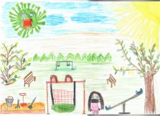 Powiększ zdjęcie: Rysunek Anny N.  na temat: Świat w dobie pandemii oczami dziecka. Praca przedstawia plac zabaw, na którym stoi dziewczynka w maseczce. Z prawej strony placu zabaw świeci słońce, z lewej unosi się wirus.
