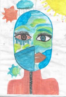 Powiększ zdjęcie: Rysunek Dominiki K. na temat: Świat w dobie pandemii oczami dziecka. Praca przedstawia głowę człowieka podzieloną w pionie na dwie części: lewa strona twarzy smutna z maseczką, prawa spokojna bez maseczki.