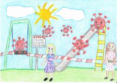 Powiększ zdjęcie: Rysunek Kingi M.  na temat: Świat w dobie pandemii oczami dziecka. Praca przedstawia zamknięty plac zabaw, nad którym latają wirusy. Przed placem zabaw stoją dwie płaczące dziewczynki.