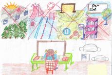 Powiększ zdjęcie: Rysunek Oliwii T. na temat: Świat w dobie pandemii oczami dziecka. Praca przedstawia dziewczynkę za biurkiem. Nad biurkiem znajdują się cztery małe rysunki przedstawiające przekreślony las, basen, boisko sportowe i szkołę.