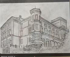 Powiększ zdjęcie: Rysunek przedstawiający Zamek Sułkowskich w Bielsku-Białej wykonany ołówkiem