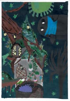 Powiększ zdjęcie: Rysunek Wiktorii Z. na temat: Świat w dobie pandemii oczami dziecka. Praca przedstawia dom zbudowany na drzewie. Nad nim lata postać wirusa. Praca wykonana w ciemnej kolorystyce.