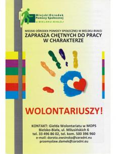 Powiększ zdjęcie: Ulotka zapraszająca do współpracy z MOPS w Bielsku-Białej w charakterze wolontariusza.