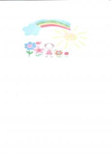 Powiększ zdjęcie: Zdjęcie przedstawia namalowane przez dziecko żółte słońce, kolorową tęczę, niebieską chmurę cztery kolorowe kwiatki, biedronkę i dziewczynkę