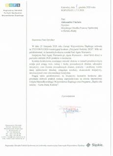 Powiększ zdjęcie: Zdjęcie przedstawia pismo Regionalnego Ośrodka Polityki Społecznej Województwa Śląskiego informujące o rozstrzygnięciu konkursu Przyjaciel Rodziny 2020