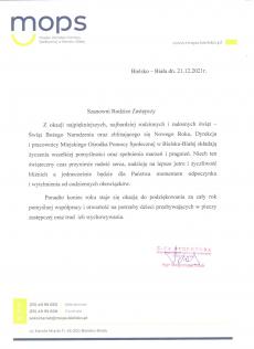 Powiększ zdjęcie: Zdjęcie przedstawia pismo z-cy dyrektora Miejskiego Ośrodka Pomocy Społecznej w Bielsku-Białej Pani Małgorzaty Polak, zawierające życzenia świąteczne dla rodzin zastępczych