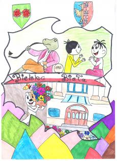 Powiększ zdjęcie: Zuzanna D. zdjęcie przedstawia rysunek mapy Polski z postaciami bajek.