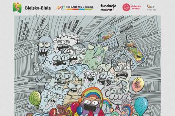 Fantastyczne postacie z wieloma oczami zebrane w dynamiczną grupę w otoczeniu komputerów i telefonów komórkowych reprezentują różne emocje odczuwane przez dzieci