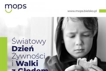 Kilkuletnie dziecko ubrane w bluzę z kapturem trzyma w dłoniach kromkę suchego chleba, po lewej stronie umieszczony jest napis: Światowy Dzień Żywności i Walki z Głodem, 16 października