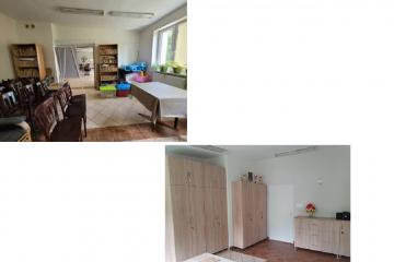Pomieszczenie relaksacyjne w DDP przy ul. Sterniczej. Górne zdjęcie przedstawia wyposażenie przed remontem. Dolne zdjęcie to sala  po remoncie - nowe meble
