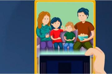 Rysunek przedstawiający rodziców wraz z synkiem i córką siedzących wspólnie na kanapie i z zadowoleniem oglądających telewizję