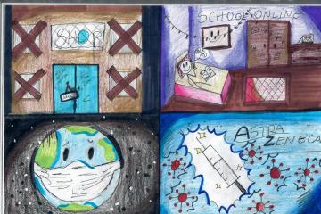 Rysunek Sary K. na temat: Świat w dobie pandemii oczami dziecka. Praca podzielony jest na 4 części. Przedstawia zamknięty sklep, dziecko uczące się zdalnie z domu, kulę ziemską w maseczce i strzykawkę ze szczepionką.