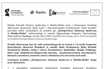 Ulotka zawierająca informacje o projekcie Zintegrowana Animacja Społeczna w Bielsku-Białej