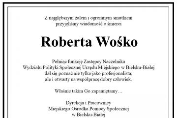 Wyrazy żalu i smutku z powodu śmierci Roberta Wośko przekazane przez dyrekcję i pracowników MOPS w Bielsku-Białej