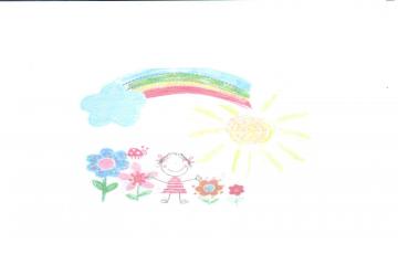 Zdjęcie przedstawia namalowane przez dziecko żółte słońce, kolorową tęczę, niebieską chmurę cztery kolorowe kwiatki, biedronkę i dziewczynkę