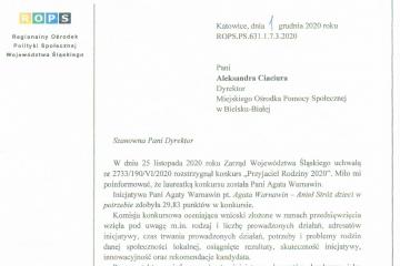 Zdjęcie przedstawia pismo Regionalnego Ośrodka Polityki Społecznej Województwa Śląskiego informujące o rozstrzygnięciu konkursu Przyjaciel Rodziny 2020