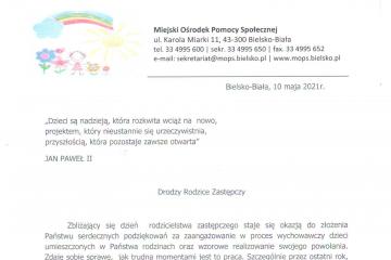 Zdjęcie przedstawia pismo z-cy dyrektora Miejskiego Ośrodka Pomocy Społecznej w Bielsku-Białej  Pani Małgorzaty Polak zawierające podziękowania dla rodzin zastępczych z okazji dnia rodzicielstwa zastępczego.