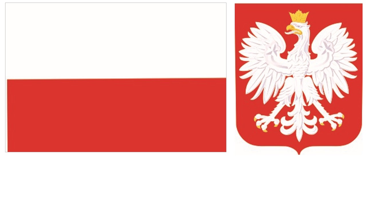 Biało-czerwona flaga Polski po lewej stronie, biały orzeł w koronie na czerwonym tle po prawej stronie