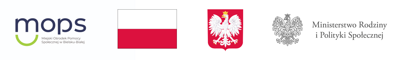 Logotyp Miejskiego Ośrodka Pomocy Społecznej w Bielsku-Białej &ndash; granatowe litery na białym tle. Logotyp Ministerstwa Rodziny i Polityki Społecznej &ndash; na białym tle, z lewej strony czarne kontury orła białego ze złotą koroną na głowie zwr&oacute;conej w prawo. Z prawej strony wizerunku Orła Białego napis w czarnym kolorze Ministerstwo Rodziny i Polityki Społecznej.