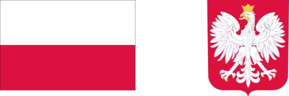 Z lewej strony flaga Polski biało-czerwona, z prawej strony Godło Polski – wizerunek orła białego ze złotą koroną na głowie na czerwonym tle. 